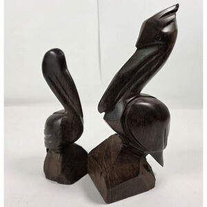 Pair of Hand Carved Ironwood PELICAN Bird Hardwood 9”7” Statue Nautical Sea Life